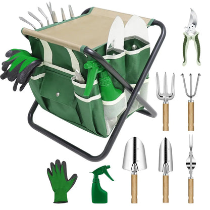 Garden tool set with folding stool
