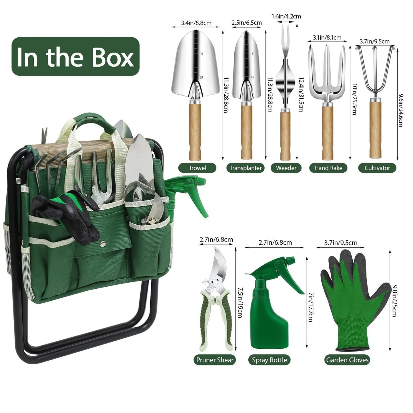 Garden tool set with folding stool