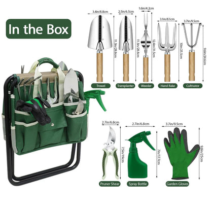 Garden tool set with folding stool